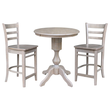 30" Round Pedestal Counter Height Table with 2 Emily Stools, Washed Gray Taupe