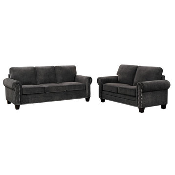 2-Piece Chermire Nail Trimmed Sofa and Love Seat, Dark Gray Fabric