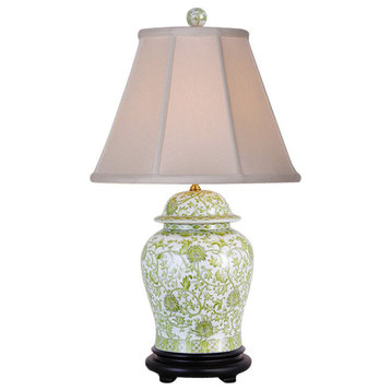 Green and White Floral Pattern Porcelain Temple Jar Table Lamp 29"