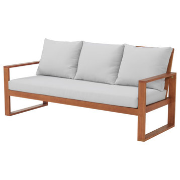 Grafton Eucalyptus 3-Seat Outdoor Bench With Gray Cushions