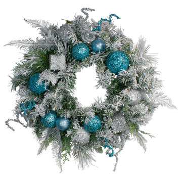 24" Flocked Sequin Ornaments Artificial Pine Christmas Wreath, Unlit