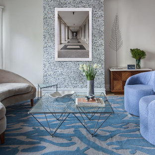 Idéer för ett litet modernt allrum med öppen planlösning, med ett finrum, vita väggar och heltäckningsmatta