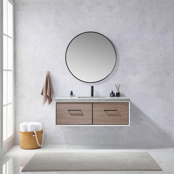 Caparroso Floating Bath Vanity, Stone Top, Light Walnut, 48", With Mirror