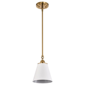 Dover 1-Light Small Pendant, White With Vintage Brass