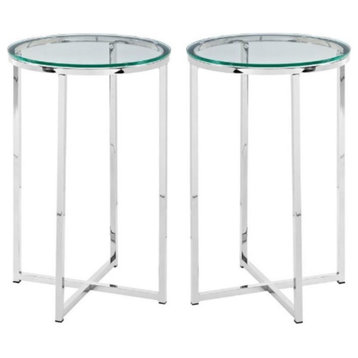 Home Square Glass Top Round Side Table in Chrome Base - Set of 2
