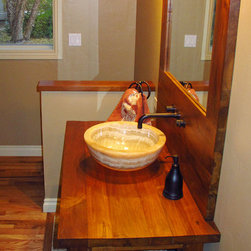 Onyx Vessel Sink, Reclaimed Teak Vanity & Mirror W/ Backsplash Built In - Bathroom Vanities And Sink Consoles
