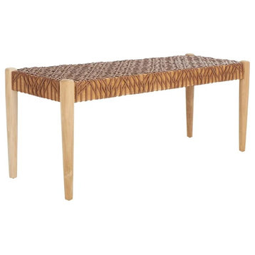 Rustic Accent Bench, Wood Frame With Rectangular Leather Woven Seat, Light Brown