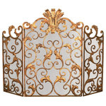 My Swanky Home - Ornate Gold Acanthus Leaf Scroll Firescreen Iron Fireplace Screen Mesh - Our three-panel antique style firescreen will add an Old World look to the hearth with its lively dance of golden leaves and scrolls. The handcrafted iron frame is hand finished in antiqued Italian gold for an ultra-posh look. It has a fine mesh backing designed to catch sparks and embers, so it is as practical as it is beautiful. This is such an elegant piece, with a rich and luxurious look!