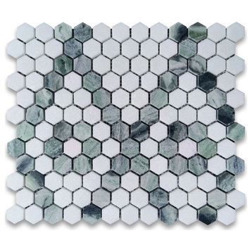 Thassos White Marble Hexagon Diamond Flower Trellis Mosaic Tile Green, 1 sheet