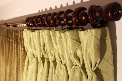 Pistachio Taffeta Drapes with Green Olive Sheers