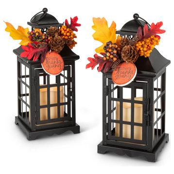 Set of 2 black metal lanterns with B/O LED candles and floral accents