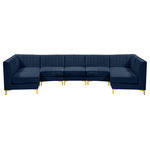 Meridian Furniture - Alina Velvet Modular U-Shaped Sectional, Navy, 7-Piece: 5 Armless Chair, 2 Corner Chair - Bring modern beauty to your space with the addition of this Alina Velvet Modular sectional. This beautiful sectional features deep channel tufting to ramp up its visual interest and add to its resilient demeanor. Its soft navy velvet upholstery blends nicely with existing elements in your room and is sleek to the touch, making this seat a super comfortable one. Part of the modular Alina collection, this sectional has a latch that attaches it to other pieces to create your custom seating arrangement.