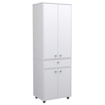 Modern Pantry Cabinet, 4 Doors & Large Drawer With Round Chrome Knobs, White