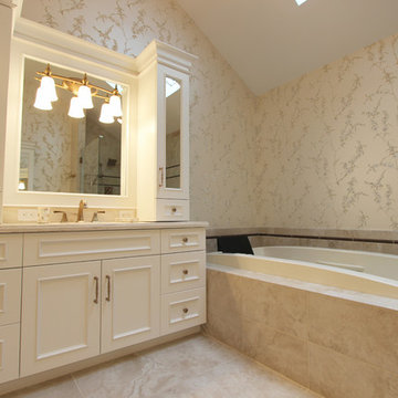Elegant White Bathroom with Beige Tiled Shower