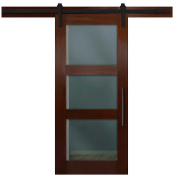 3 Lite Mahogany (Walnut Stain) Sliding Barn Door with Glass Insert, Clear Glass,