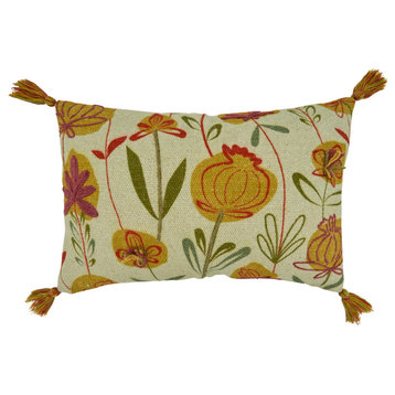 Poly Filled Throw Pillow With Embroidered Flowers, 16"x24", Green