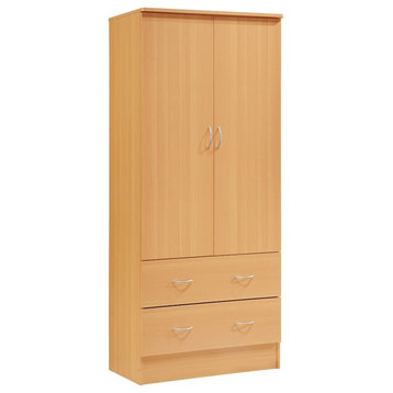 Hodedah 2 Door Armoire with 2 Drawers and Clothing Rod in Beige Wood