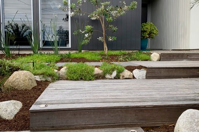 Mid-sized beach style front yard garden in Sunshine Coast with a garden path and decking.