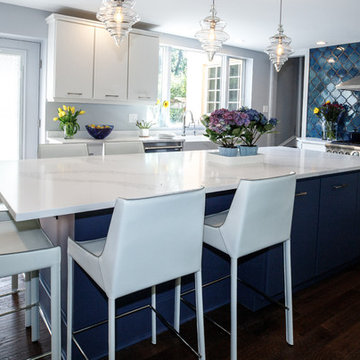 Transitional Kitchen | Oversized Quartz Countertops and Blue Moroccan Backsplash