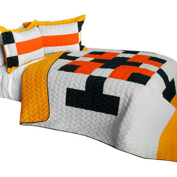 Tetris - D 3PC Cotton Vermicelli-Quilted Patchwork Geometric Quilt Set-Full/Quee