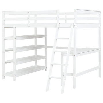 Full Loft Bed, Pine Wood Frame With Integrated Desk, Large Shelves, White
