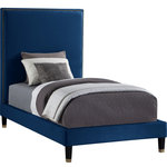 Meridian Furniture - Harlie Velvet Upholstered Bed, Navy, Twin - Give your room an instant boost of drama and style when you add this Harlie bed to the mix. This twin-size bed features a soft navy velvet exterior that's both chic and sleekand just the thing to add modern beauty to your decor. Brass nailheads lend this magnificently crafted bed an elegant vibe, while brass caps on the leg amplify its sophisticated demeanor. An extra-tall design makes sure this Harlie bed gets the bulk of attention in your bedroom.