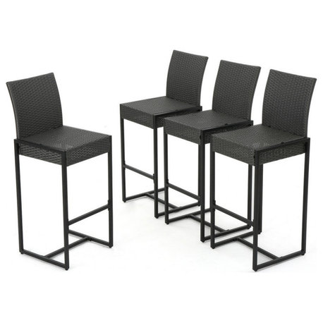 GDF Studio Conrad Outdoor Patio Gray Wicker Barstools, Set of 4