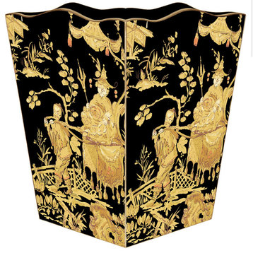Black and Gold Asian Toile Wood Wastepaper Basket, Scalloped Top