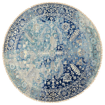 Blue Erased Design Wool-Silk Broken Persian Tabriz Hand Knotted Rug, 9'10"x9'10"