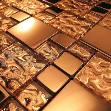 Copper Metal Pattern Textured Glass Mosaic Tile Backsplash, 12"x12", Set of 5