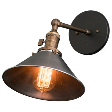 Industrial Wall Light, Steel Shade, Adjustable Sconce, Black/Antique Brass