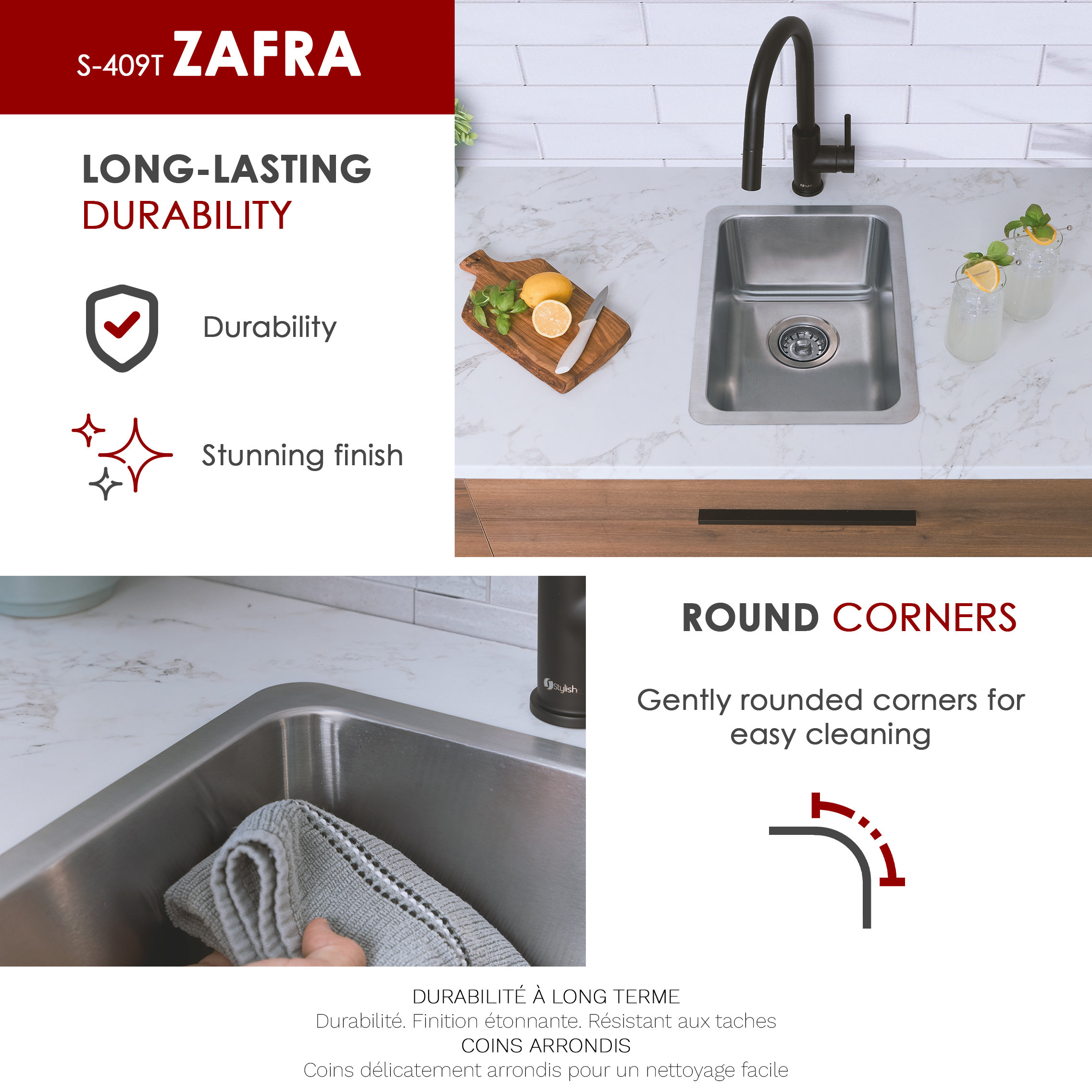 STYLISH 12 inch Single Bowl Undermount and Drop-in Stainless Steel Kitchen Sink