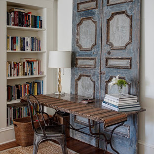 Inspiration for a shabby-chic style home office and library in Chicago with white walls, dark hardwood flooring and a freestanding desk.