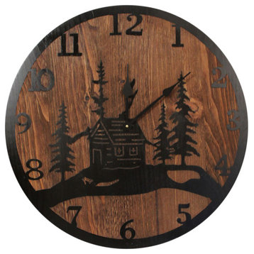 Black Iron and Stained Wood Round Cabin Scene Wall Clock