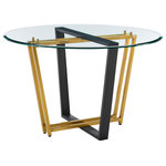 Armen Living - Devi 48" Round Glass Tabletop Dining Table With Gold and Black Base - Update your dining space with the luxe charm and elegance of the Devi Round Dining Table with a Glass top and Metal base by Armen Living. Mixed materials and contrasting finishes lend a refined touch to this captivating dining table. Its round, glass top gracefully floats atop its streamlined, geometric base. The metallic base is accented with angles and bold finishes to evoke the polish and drama characteristic of a contemporary showstopper. Bringing sophisticated drama to your home, our dining table serves as a stunning addition to your kitchen, dining room, or living space. Its round shape creates a timeless and elegant silhouette, inviting your friends and family to gather and enjoy. With a diameter of 48", the Devi table can comfortably seat up to 4 people, and it offers a perfect spot to enjoy intimate dinners and family gatherings. The sturdy construction ensures longevity and provides a reliable, easy-to-clean surface for meals and more. The Devi Round Dining Table is available in a Glass tabletop and Black Iron base with Brushed Stainless Steel or Gold Stainless Steel finish to bring effortless sophistication to your dining space.
