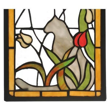 Meyda Lighting 67117 9"W X 25"H Cat & Tulips Stained Glass Window