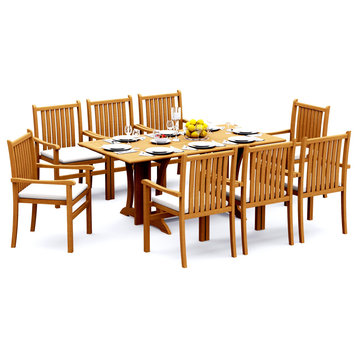 9-Piece Outdoor Teak Dining Set: 69" Folding Table, 8 Cahyo Stacking Arm Chairs