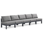 Meridian Furniture - Nizuc Water Resistant Patio Modular Straight Sofa, Gray, 5-Piece: 5 Armless Chair, Dark Gray Aluminum Frame - Pick and choose your favorites from the Nizuc collection to create a modular seating group the whole gang will enjoy. The sturdy aluminum frame provides dependable support for friends and family as they relax and unwind, and the resilient grey water resistant fabric stands up to the elements without losing its beautiful demeanor, so you can count on it lasting for the long haul. Latches beneath these seating pieces help you easily attach them to one another for convenient setup.