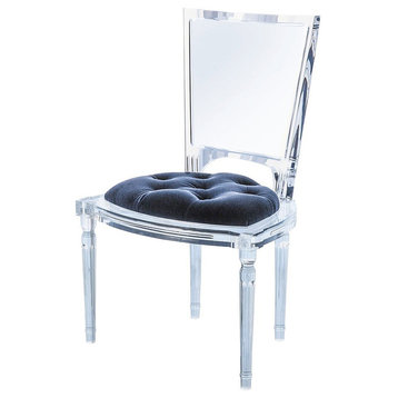 Marilyn Acrylic Side Chair, Ghost Clear Plastic Dining Chair, Tufted Seat, Blue