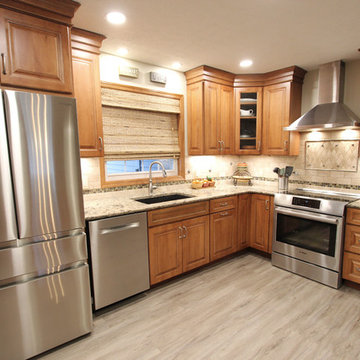 Transitional Kitchen with Quartz Countertop, Window Seat and Wine Bar