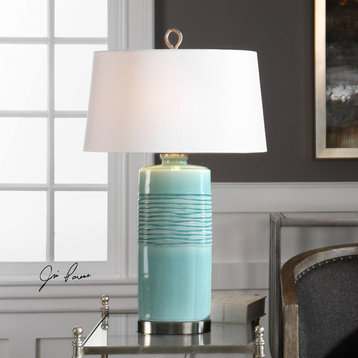 Distressed Aqua Turquoise Blue Green Table Lamp, Cylinder Stripes Ribbed