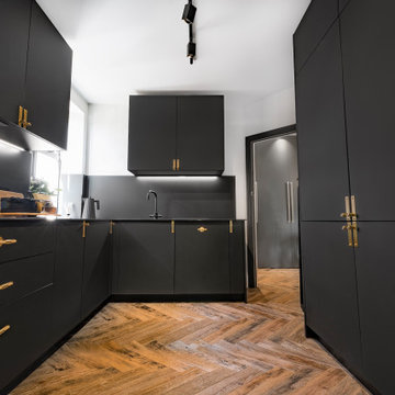 Stylish, Small, Black and Gold Kitchen