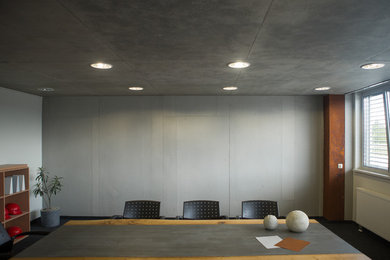 Inredning av ett industriellt stort hemmabibliotek, med grå väggar, heltäckningsmatta, ett fristående skrivbord och grått golv