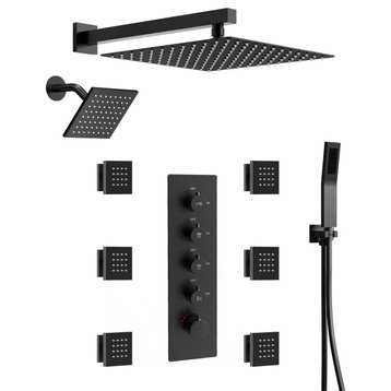Thermostatic Wall Mount Dual Rainfall Shower Head Shower System With Valve, Matte Black, 16" & 6"