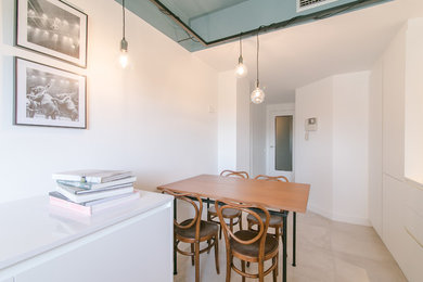 Photo of a mid-sized scandinavian separate dining room in Other with white walls, no fireplace, porcelain floors and grey floor.