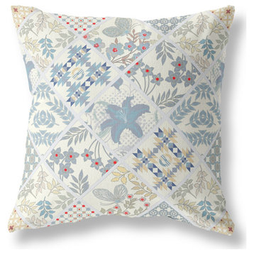 16 White Blue Patch Indoor Outdoor Throw Pillow
