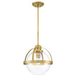 Savoy House - Pendleton 1-Light Pendant, Warm Brass - This Savoy House Pendleton 1-light pendant is a smart way to pep up the illumination and style in any room. It showcases a large orb of clear glass that isopen at the bottom, allowing for more direct light and making it easy to replace the bulb. Metal bands bisect the shade and help hold it to the fixture’s base. Try using this fixture in kitchens, foyers, bedrooms and home offices, though truly the possibilities are endless. Finished in warm brass. This fixture is 14" wide and has an adjustable height that ranges from 14" to 45.5". Uses a standard size bulb of up to 60 watts (not included).