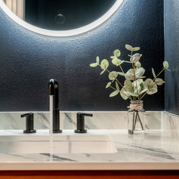 Modern Navy Powder Room with Built-In Wood Vanity and Quartz Top