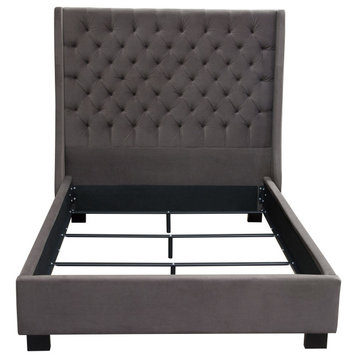 Park Avenue Queen Tufted Bed with Vintage Wing in Smoke Grey Velvet