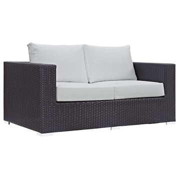 Outdoor Loveseat, Contemporary Design With Wicker Frame and White Cushioned Seat